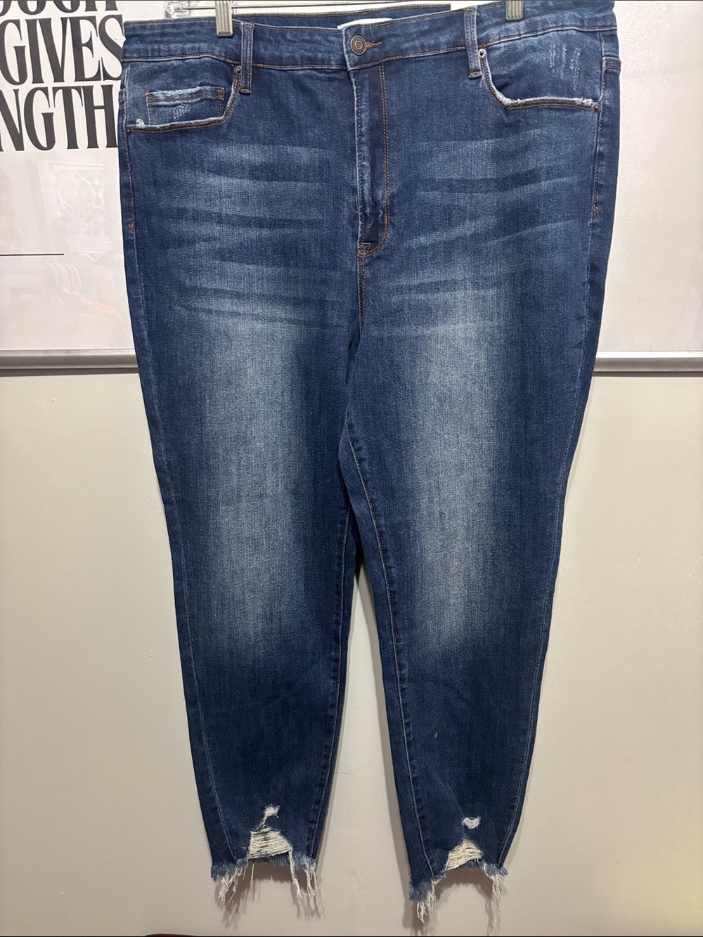 Dark Blue Distressed Ankle Jeans - Women's Cropped Slim Fit